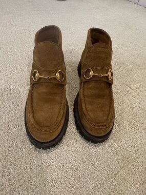 Gucci Brown Suede Lug Sole Ankle Loafers with Gold Horsebit